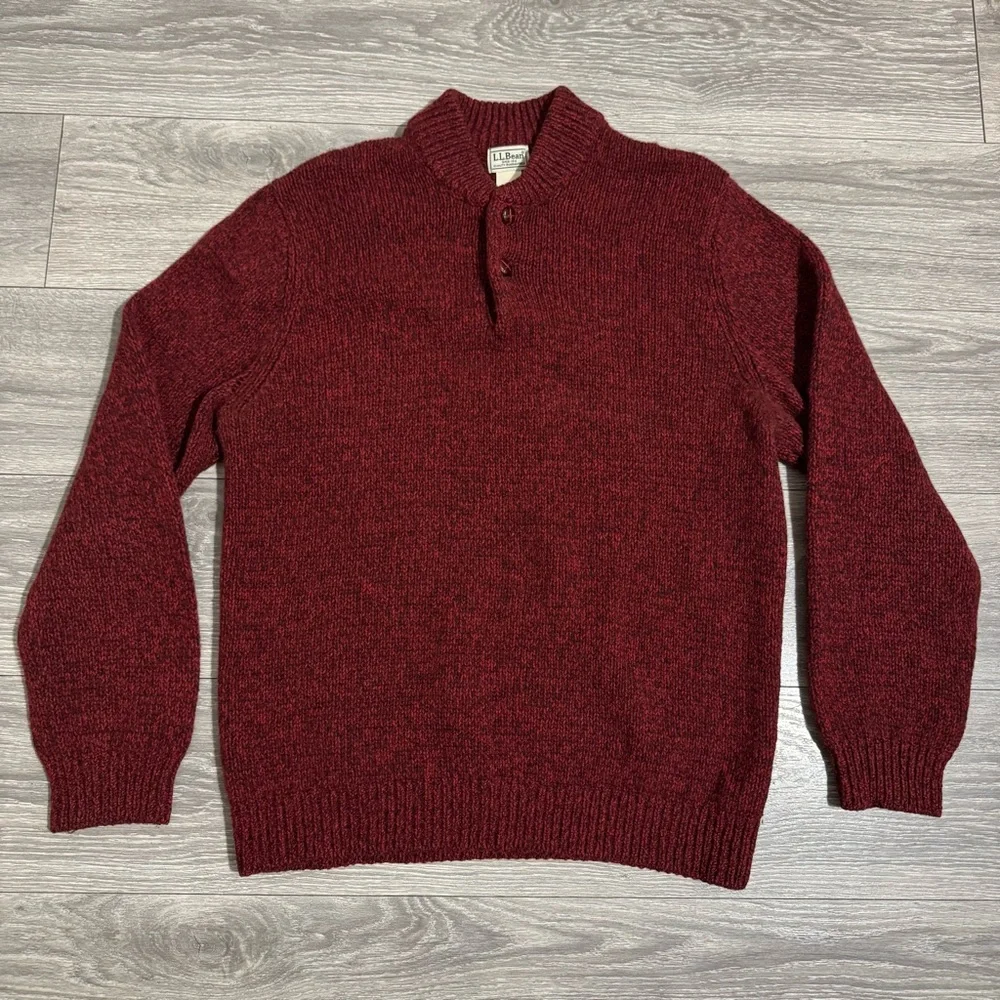 LL Bean Lambs Wool‎ Sweater Men XL Burgundy Pull Over Buttons High Neck Knitted